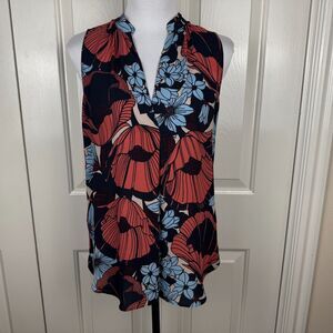 Loft Women Top Sz XS Henley Sleeveless Multicolor Floral Print